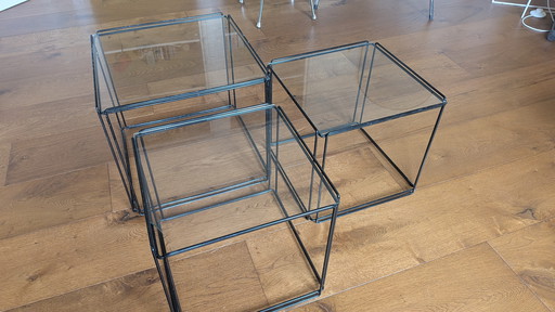 Set di 3 tavoli di design Max Sauze - acciaio nero e vetro, vintage