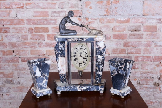 Restored Art Deco Fireplace Clock, Marble, Bronze, Glass, France. 1920s, Black (photo 9 of 15)