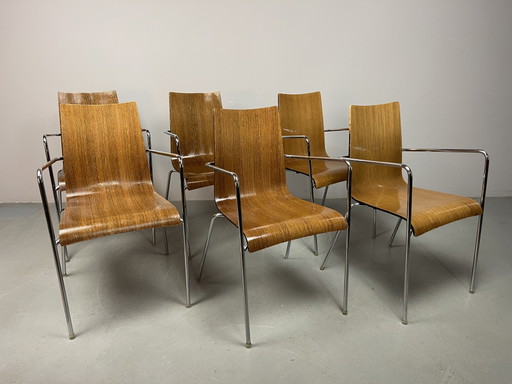 Set van zes mid-century moderne eetkamerstoelen van wengéhout, toegeschreven aan Thonet, Duitsland, jaren 1990. Ref.: CH2004