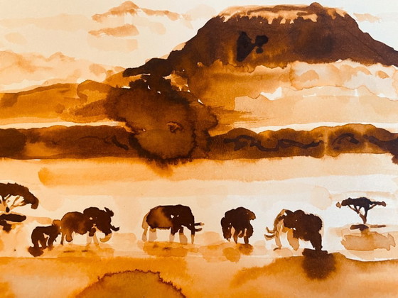 Image 1 of Signed painting of an African landscape and animals, "Kilimanjaro".