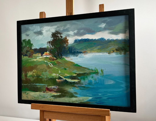 Pintura al óleo original Paisaje fluvial costero Río cerca del pueblo