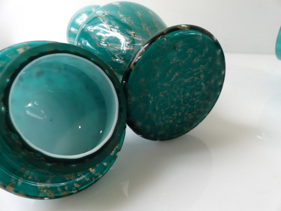 Pair of Covered Turquoise and Aventurine Glass Jars, Murano – 20th Century – Decorative Objects (photo 9 of 13)