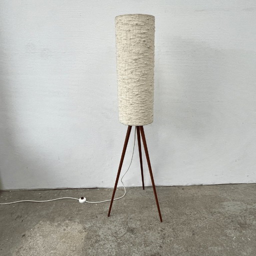 Mid-century floor lamp - tripod - teak - cream shade