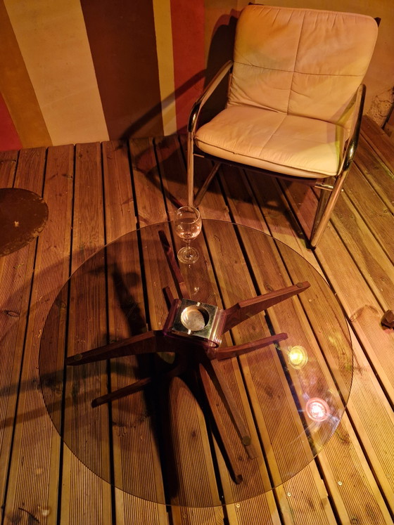 Image 1 of Vintage coffee table from the 1960s/70s after Hugues Poignant, smoked glass & teak