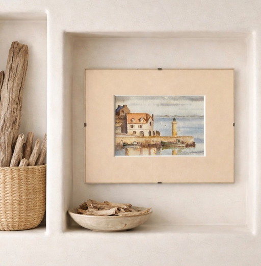 Watercolor painting of the Port of Sauzon, Belle-Île-en-Mer