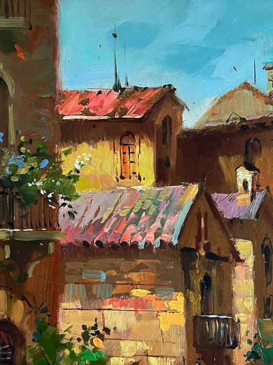 Image 1 of Peinture à l'huile originale représentant un paysage urbain et une architecture. Une promenade dans les rues de Venise.
