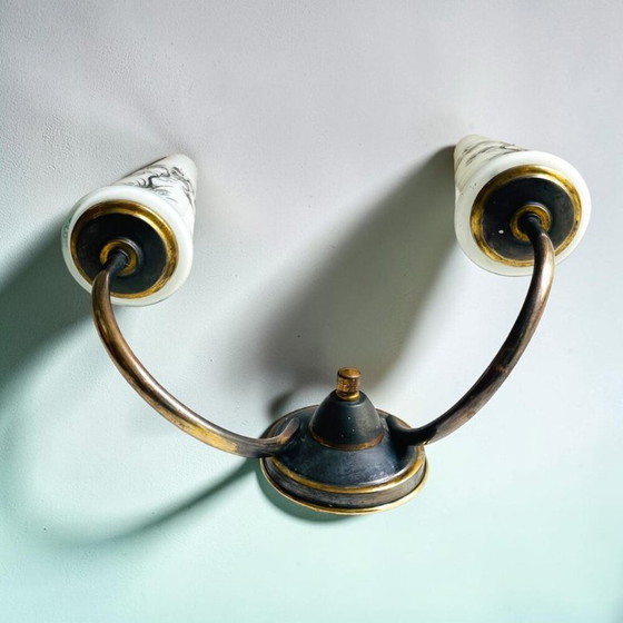 Image 1 of Portugiesische Doppelwandleuchte aus Messing und Glas, Mitte des 20. Jahrhunderts, 1960er Jahre