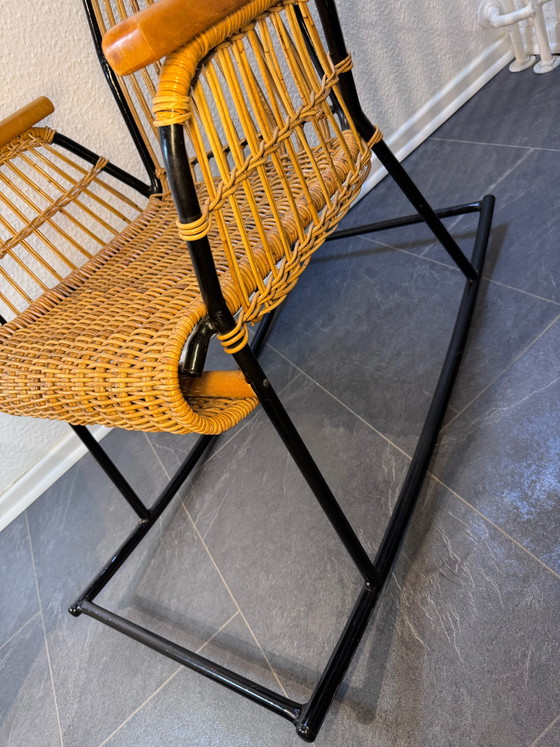 Rare Mid-Century Rattan Rocking Chair - Attributed to Alan Fuchs for ÚLUV, Czechoslovakia, 1960s – Metal (photo 9 of 13)