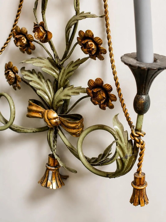 Vintage Italiaanse Florentijnse Wandkandelaar, Verguld IJzeren Bloemen Wandlamp, jaren 60 – Wandlampen (photo 4 of 10)