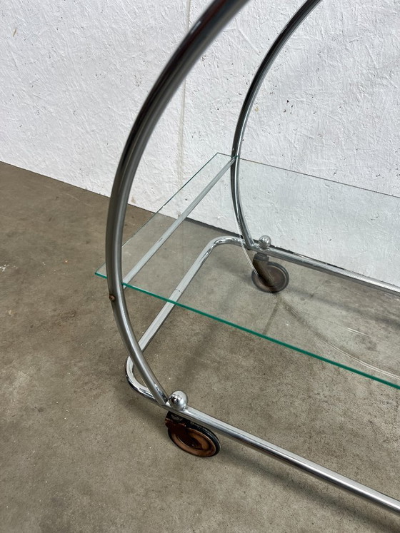 Image 1 of Vintage Chrome Art Deco Trolley with Glass Shelves, Netherlands 1930s