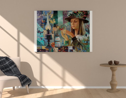 Original Oil Painting Abstract Figurative Girl Moths – schilderijen tekeningen, Canvas (photo 2 of 10)