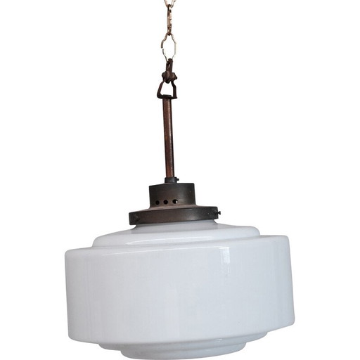 Franse mid-century messing en opaline hanglamp, 1950