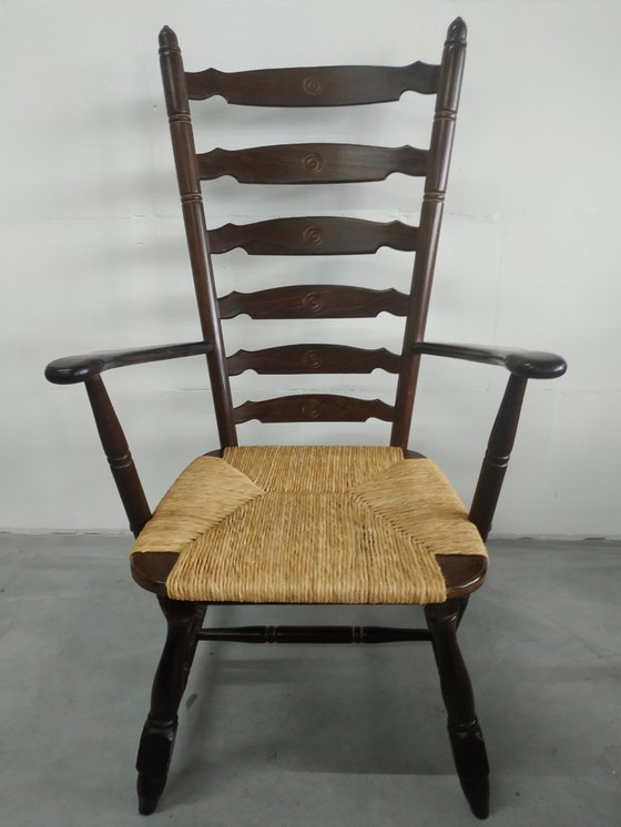 Image 1 of Poltrona da camino in legno vintage con seduta in vimini