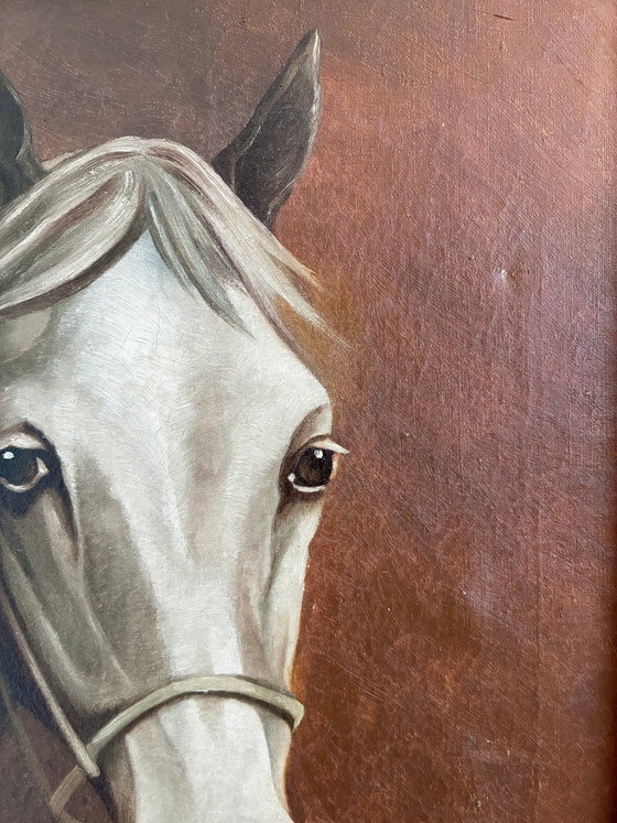 Origineel vintage olieverfschilderij van een wit paard, gesigneerd ruiterportret – Schilderijen & Tekeningen (photo 14 of 19)