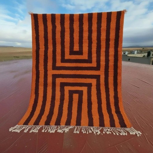 Tapis Beni Ourain Berbère Marocain – Design Géométrique Crème & Ivoire, Laine Naturelle, 270 × 200 cm