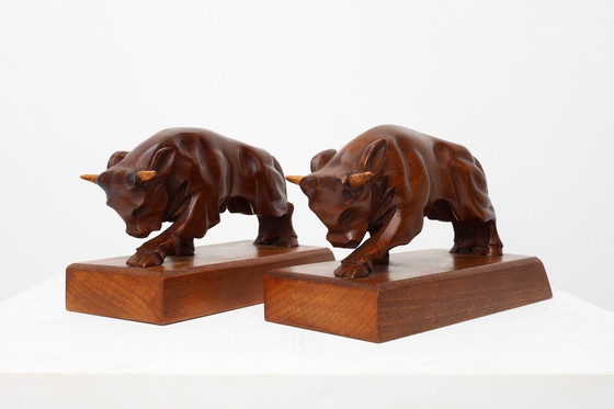 Image 1 of Coppia di fermalibri Art Déco in quercia a forma di toro, Francia, anni '30