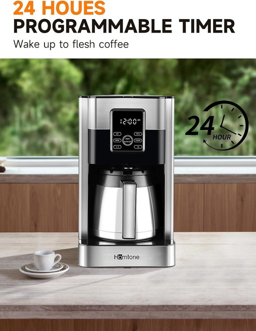 Homtone Machine à Café Programmable 1000W, 8 Tasses Avec Minuterie, Carafe Thermique en Acier Inoxydable, Arrêt Automatique, Sys