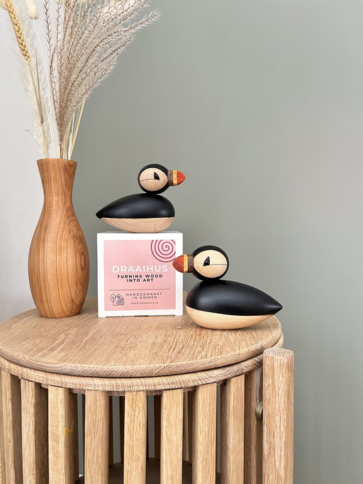 Unique handmade wooden puffins