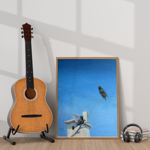 Original Oil Painting Modern Art Symbolism Birds Sky Starling – schilderijen tekeningen, Canvas (photo 2 of 7)