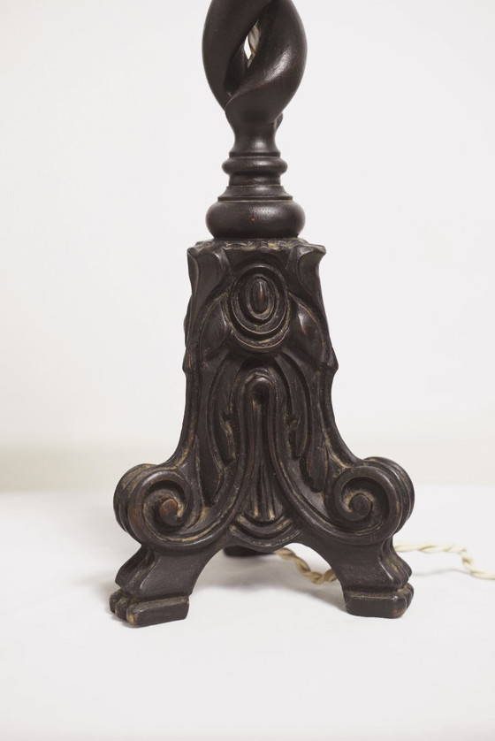 Image 1 of Vintage Carved Wood Barley Twist Lamp with Hand Embroidered Floral Shade and Acanthus Leaf Tripod Feet
