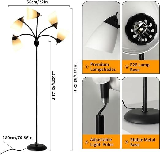 Lampadaire Noir 5 Lumières Orientables, 161 cm, Métal, Hedendaags (photo 6 sur 6)