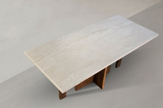 Image 1 of Recta salontafel van travertijn, gemaakt van natuursteen en massief eikenhout.