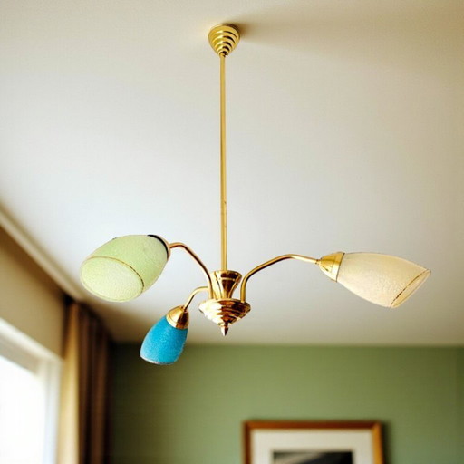 Mid-Century Portuguese Modern Blue Glass, Gold & Metal Sputnik Chandelier 1940s