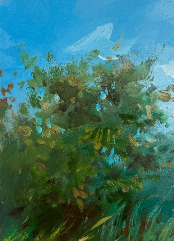 Image 1 of Dipinto ad olio originale, Paesaggio costiero estivo, giornata calda e soleggiata in riva al fiume.