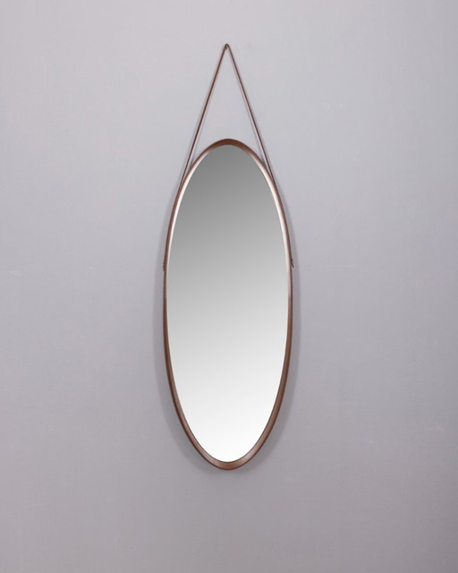 VINTAGE 1970S OVAL WALL MIRROR IN WOOD, ITALIAN DESIGN