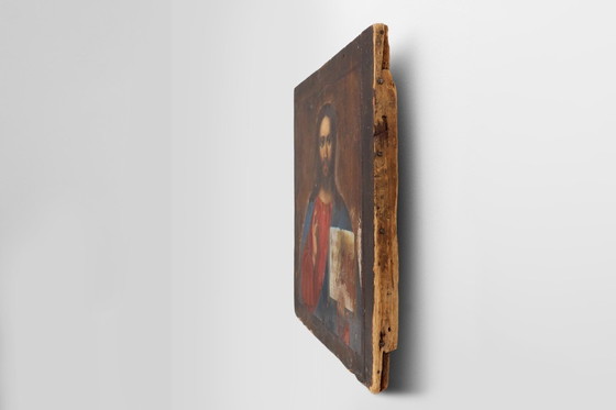 Image 1 of Icono religioso ruso del siglo XIX de Cristo Pantocrátor, pintado a mano sobre madera.