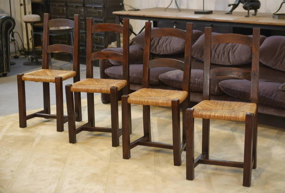 Set of 4 chairs in elm and straw by Aranjou 1950s, Dining chairs, Wood, Vintage (photo 3 of 14)