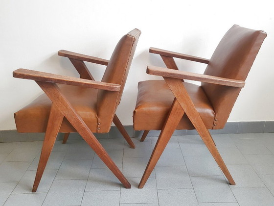 Image 1 of PAIR OF VINTAGE 1950 BRIDGE ARMCHAIRS WITH COMPASS LEGS IN OAK & HAVANA FAUX LEATHER