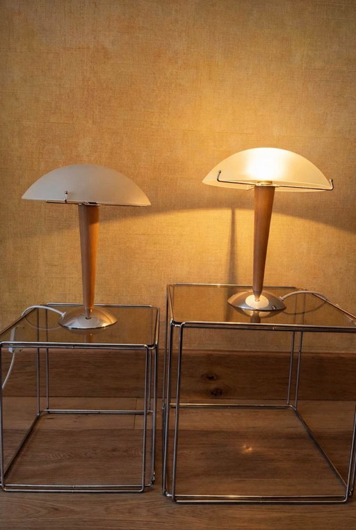 Par de lámparas de mesa Kvintol de Ikea – diseño escandinavo en forma de seta – cristal, madera y cromo