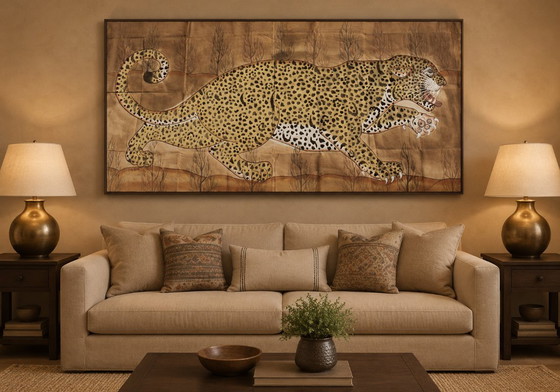 Grande leopardo 184 cm x 118 cm. Tela dipinta a mano dall'India. Unico. – Dipinti e disegni, Cotone (photo 7 of 7)