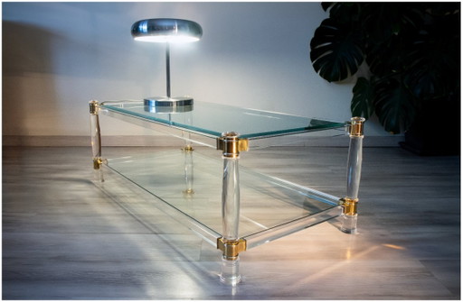 Couchtisch aus Glas, Plexiglas und Messing, 1970-80