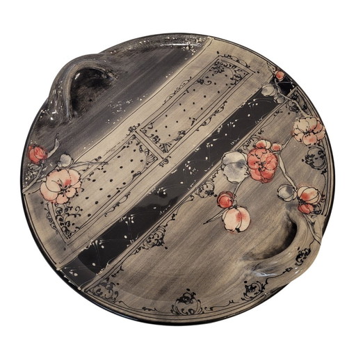 Plateau en céramique à motifs floraux, Poterie Galtié, années 80 – France