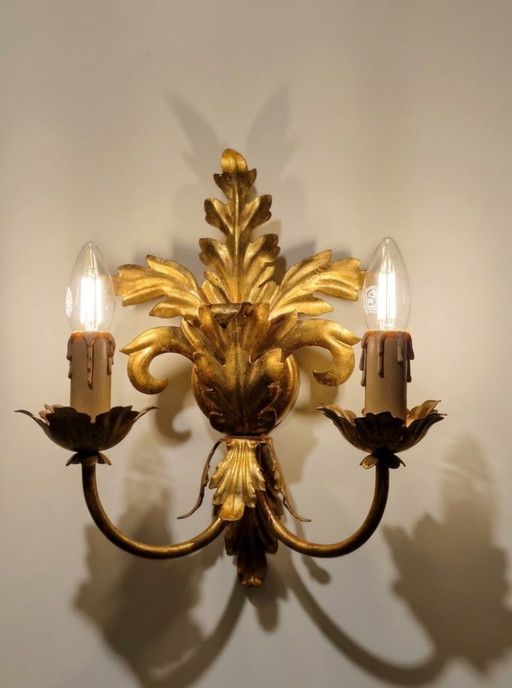 Vintage Florentijnse vergulde metalen wandlamp – Illuminazione d’Arte, Florence, jaren 1960