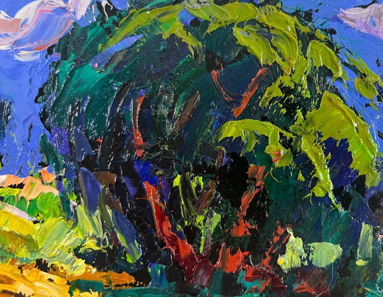 Image 1 of Original Oil Painting Summer River Landscape Evening colors of the sky