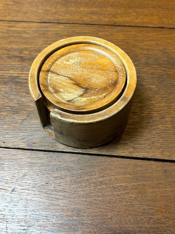 Image 1 of Dessous de verre rustiques vintage en bois avec support (lot de 6) – Style milieu du siècle / bohème
