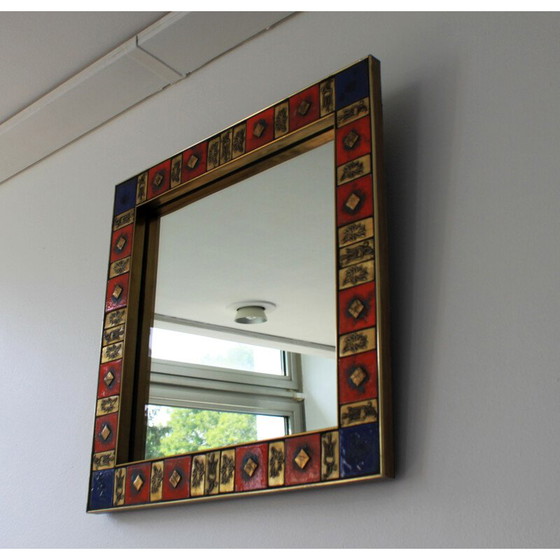 Image 1 of Square vintage mirror in gilded brass and glazed ceramic, 1970