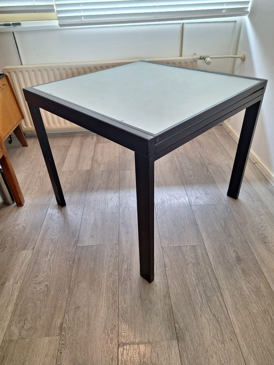 Image 1 of Italian metal glass table with extendable frosted glass top