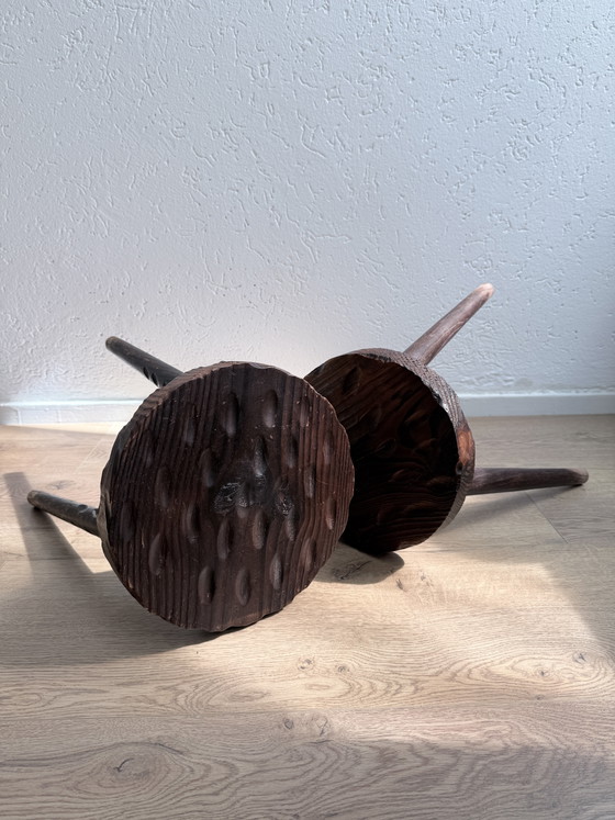Image 1 of Set of 2 Vintage Brutalist Three-legged Stools / Tabourets – 1950s/1960s