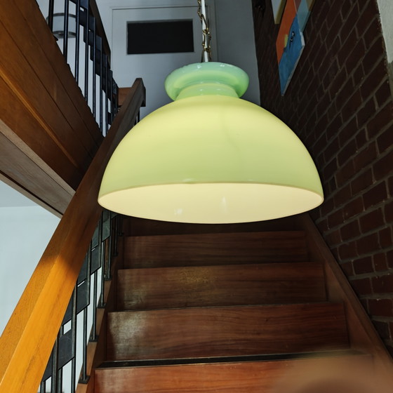 Image 1 of Vintage mintgroene hanglamp van opaalglas met dubbele glazen diffuser en messing ophanging.