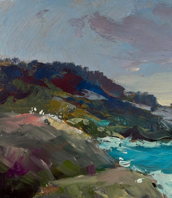 Image 1 of Original Oil Painting Summer Coastal Landscape Sea Waves Crashing Against Sharp Shores