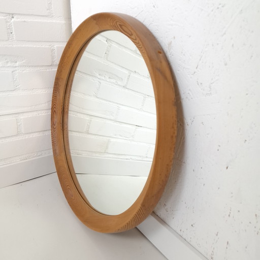 Specchio rotondo in legno vintage, design moderno di metà secolo, anni '70