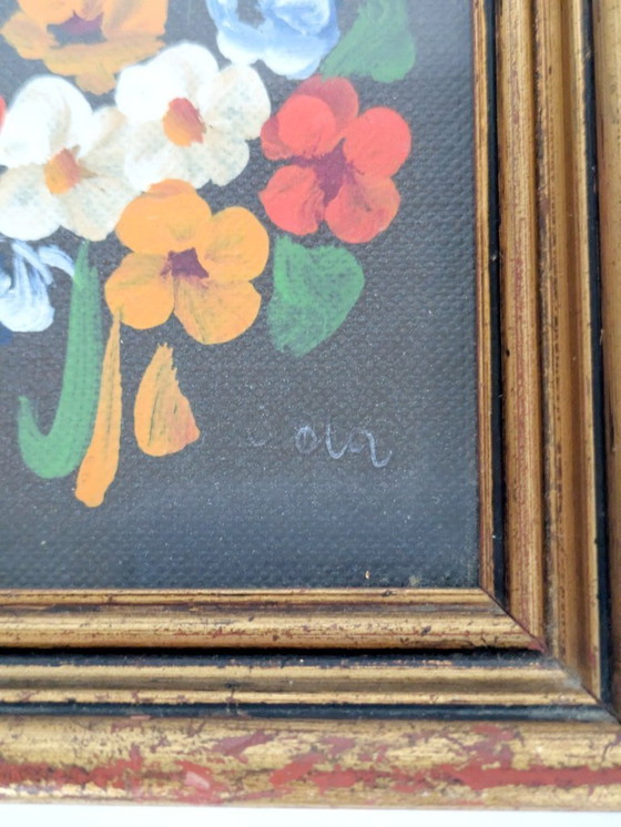 Image 1 of Pair of Small Italian Oil Paintings, Floral and Landscape, Gilded Wood Frames, Signed