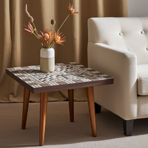 Bijzettafel in mozaïekstijl uit het midden van de 20e eeuw met een blad van keramische tegels.