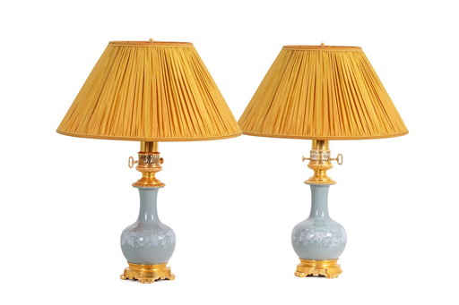 Pair of Lamps in Celadon Porcelain and Gilded Bronze. Circa 1880.