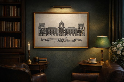 Grabado antiguo del Palacio Real de Caserta, panel X Vanvitelli, década de 1950, 69 x 50 cm.