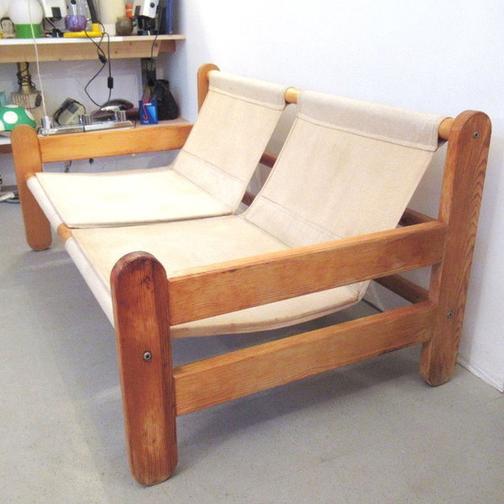 Image 1 of Pine and fabric bench from the 1980s